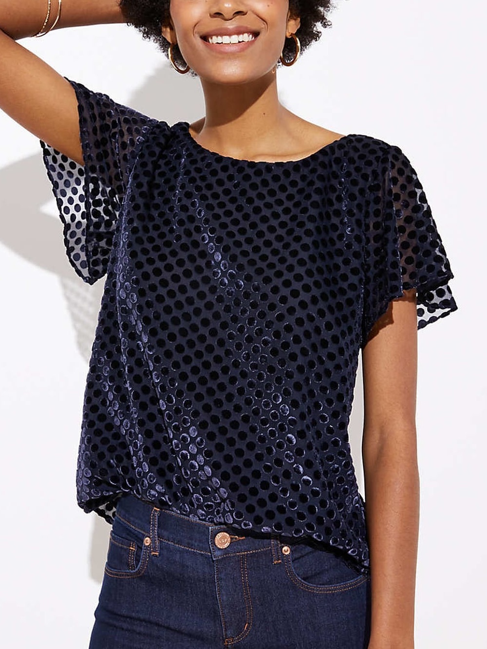 LOFT Black Velvet Dot Flutter Sleeve Blouse